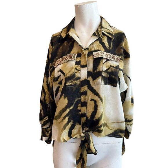 Chico's Tops - Black Label Chico's 00 XS Animal Print High Low Blouse Ties in Front Sequined